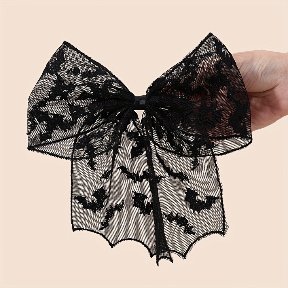 3 pairs halloween bat silhouette hair clips - gothic lace polyester hairpins with black bows, exaggerated design for women &,   cosplay, costume parties & casual attire, festive hair accessories for halloween, halloween costume, gothic style, durable hairpins Product details 4
