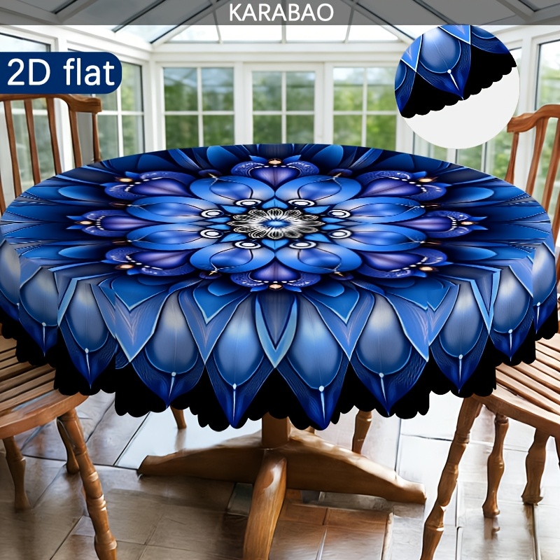 TEMU 1pc Blue Mandala Floral Pattern Round Tablecloth, Vintage Bohemian Floral Tablecloth, Farmhouse Style, Indoor And Outdoor, Home Dining Patio