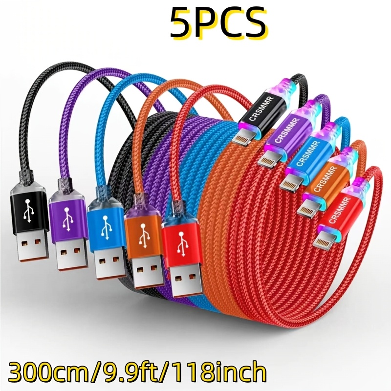 TEMU 5pcs Rgb Breathing Light Cables, Durable Woven Data Sync Usb-a To Lightning Fast Charging Data Cable Suitable For Iphone 14/13/12/11 Pro