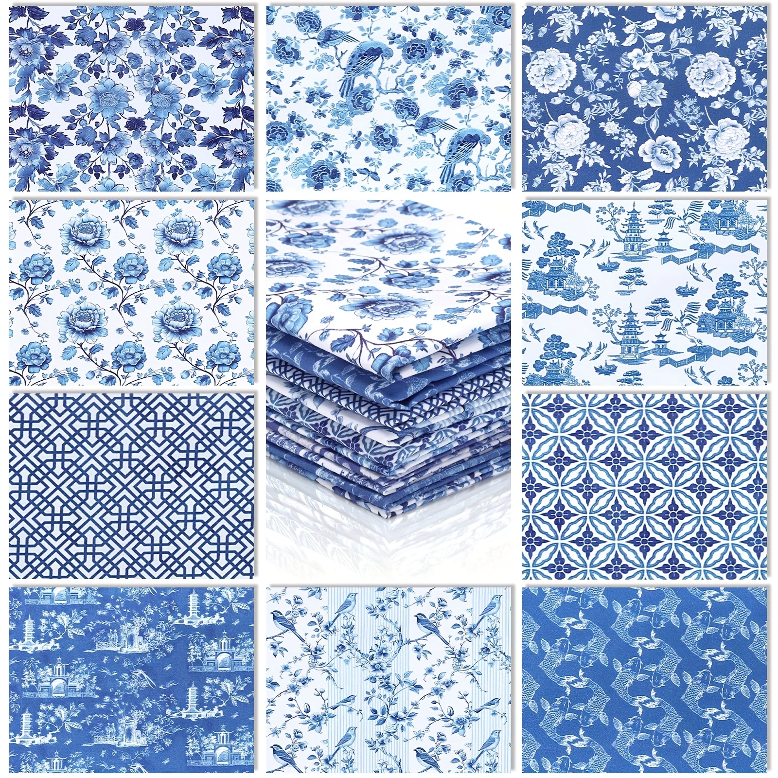 TEMU 10pcs Chinoiserie Fabric Bundles 18 X 22 Inch Floral Fabric Blue And White Porcelain Quilting Strips For Quilting Crafting Blue And White Floral