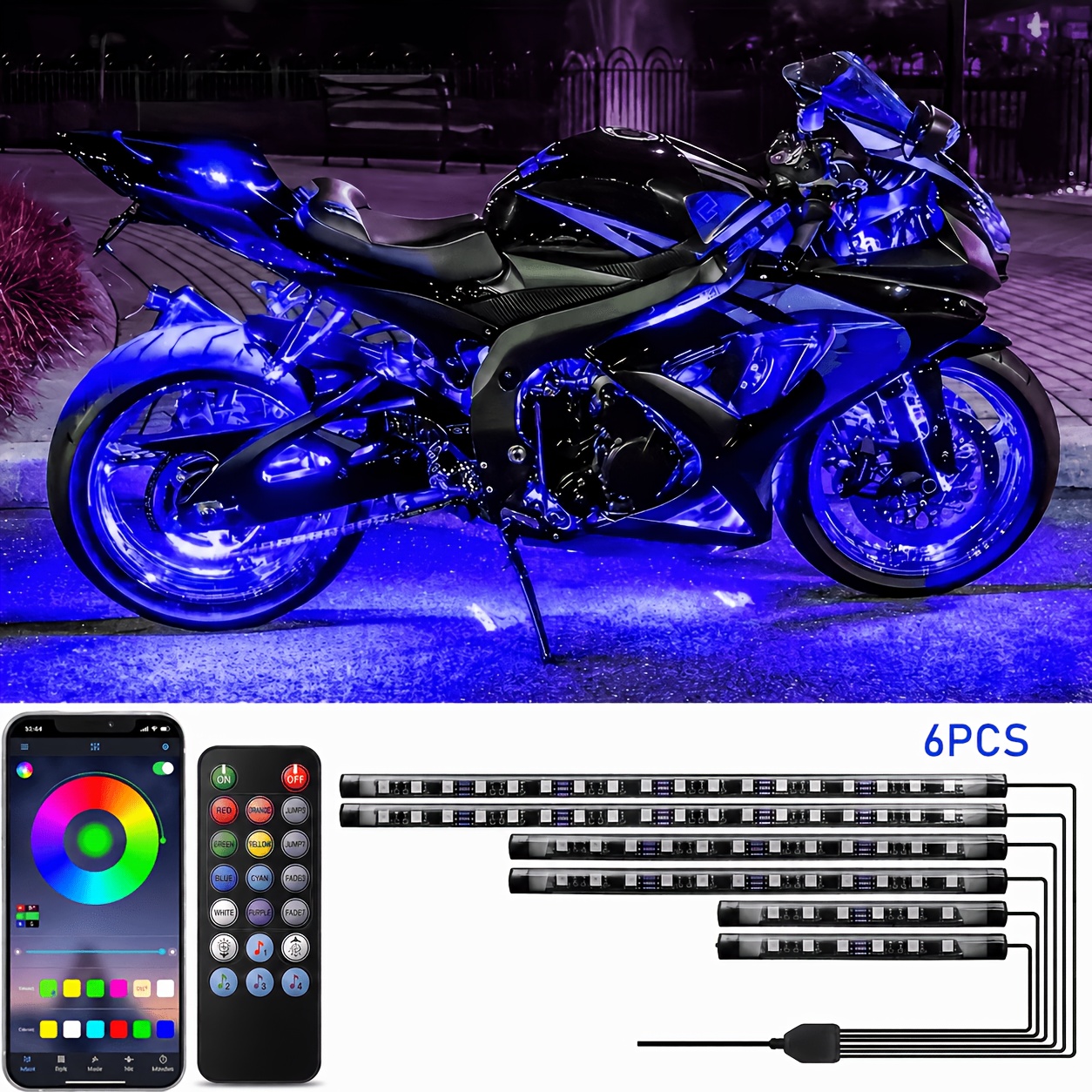 TEMU 6pcs Motorcycle Rgb Led Light Kits With App/remote Control, Motorcycle Striplights With, 12v Motorcycle Underglow Lights For For , Without