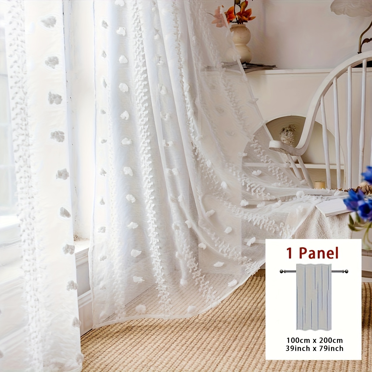 TEMU Rideau à 1 panneau en gaze à boules blanches, style pastoral français pour chambre, salon, balcon, baie vitrée, séparateur de fenêtre avec