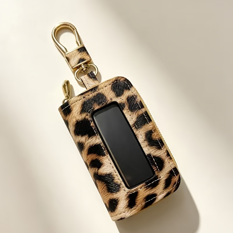 TEMU LINYEYE - 1 pieza para llave de coche con cremallera de cuero PU con estampado de leopardo, cubierta para llave de coche, bolsa multifuncional