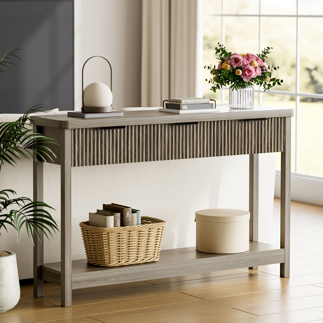 51 IN Fluted Console Table with 3 Drawers, Modern Entryway Table with Metal Handles, Sturdy Solid Wood Design, Hallway Table with Storage, for Living Room And Hallway