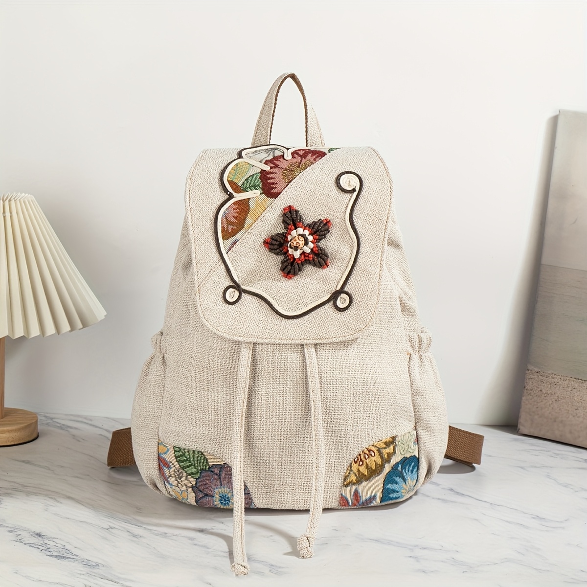 1pc (random Trimming) Bohemian Ethnic Style Floral Backpack Large Capacity Drawstring Casual Women'