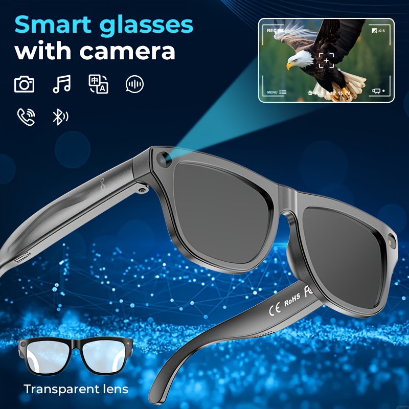 Smart AI Recognition Glasses with Built-In Camera, Clear Photo Capture, Wireless Hands-Free Music And Calls, UV Protection Shades, Comes with Interchangeable Spare Lenses