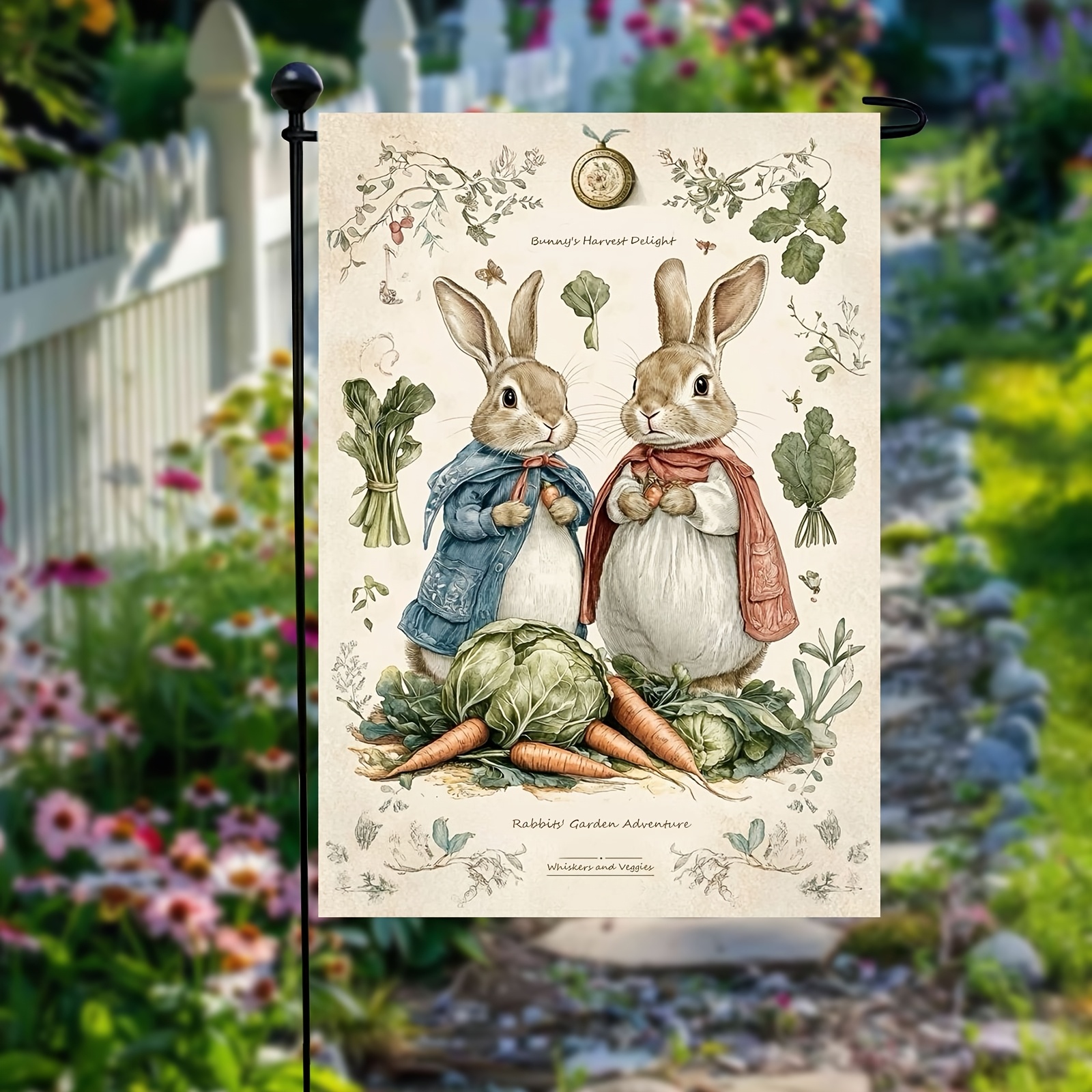 

Retro Bunny Easter Garden Flag - Polyester, Featuring Vegetables & Carrots Design, Outdoor Home & Yard Decor, 12x18in, Pole Not Included, Rabbit Accessories