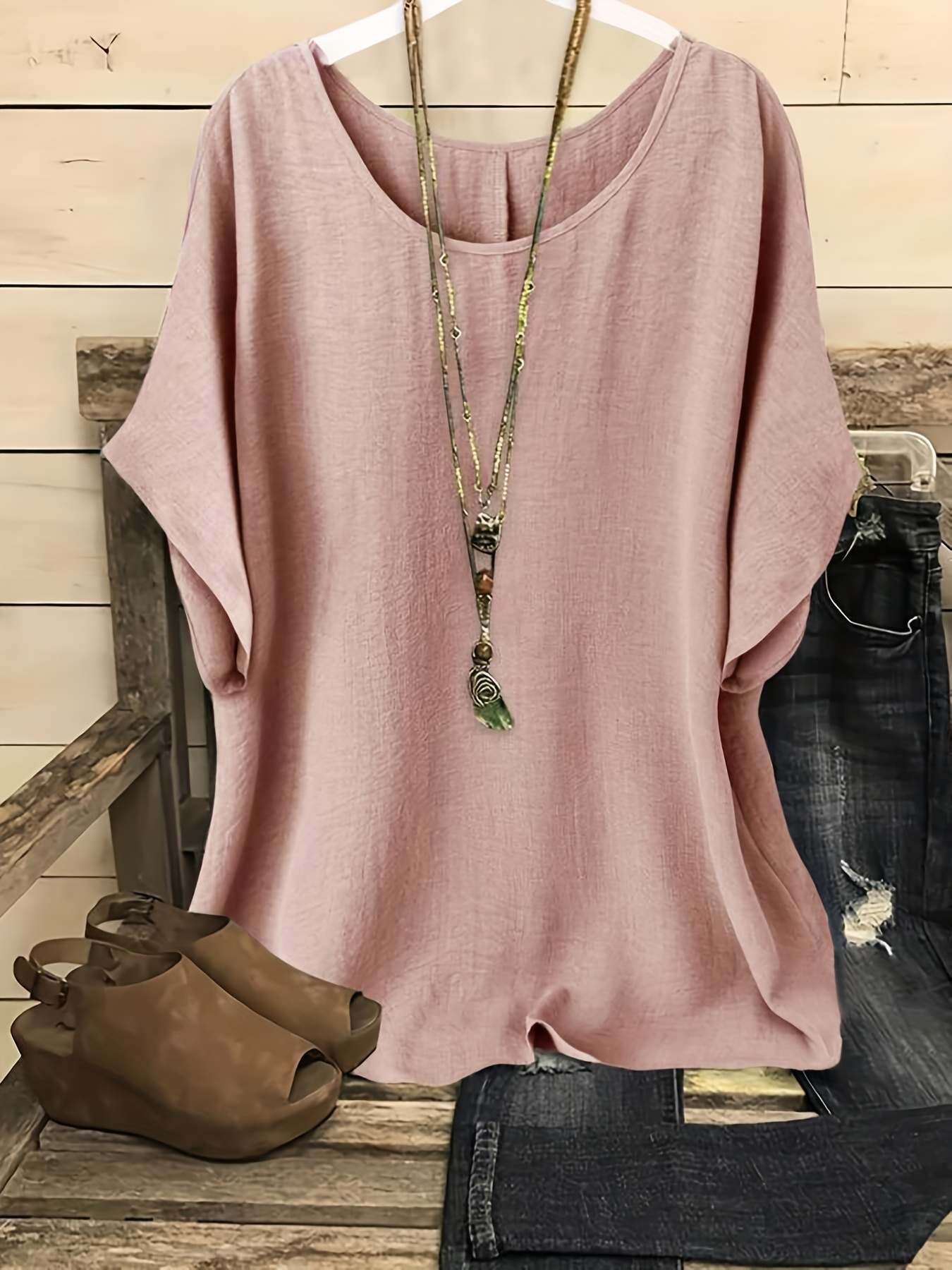 Plus Size, Plus Size Women's Casual Summer Batwing Sleeve Blouse - Olive Green Solid Color Round Neck Short Sleeve Shirt, Machine Washable & Dry Cleanable, Elegance Collection
