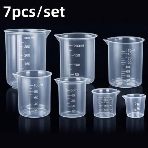 7pcs set of transparent plastic measuring cups laboratory graduated reusable sizes 0 34 oz 1 01 oz 1 69 oz 3 38 oz 5 07 oz 6 76 oz oz suitable for jewelry making household scientific measuring tool additions