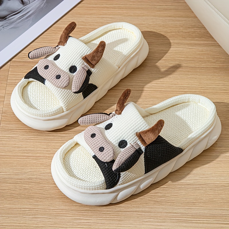 

Unisex Adorable Cow Pattern Open Toe Home Slippers, Comfy Non Slip Casual Breathable Bedroom Shoes