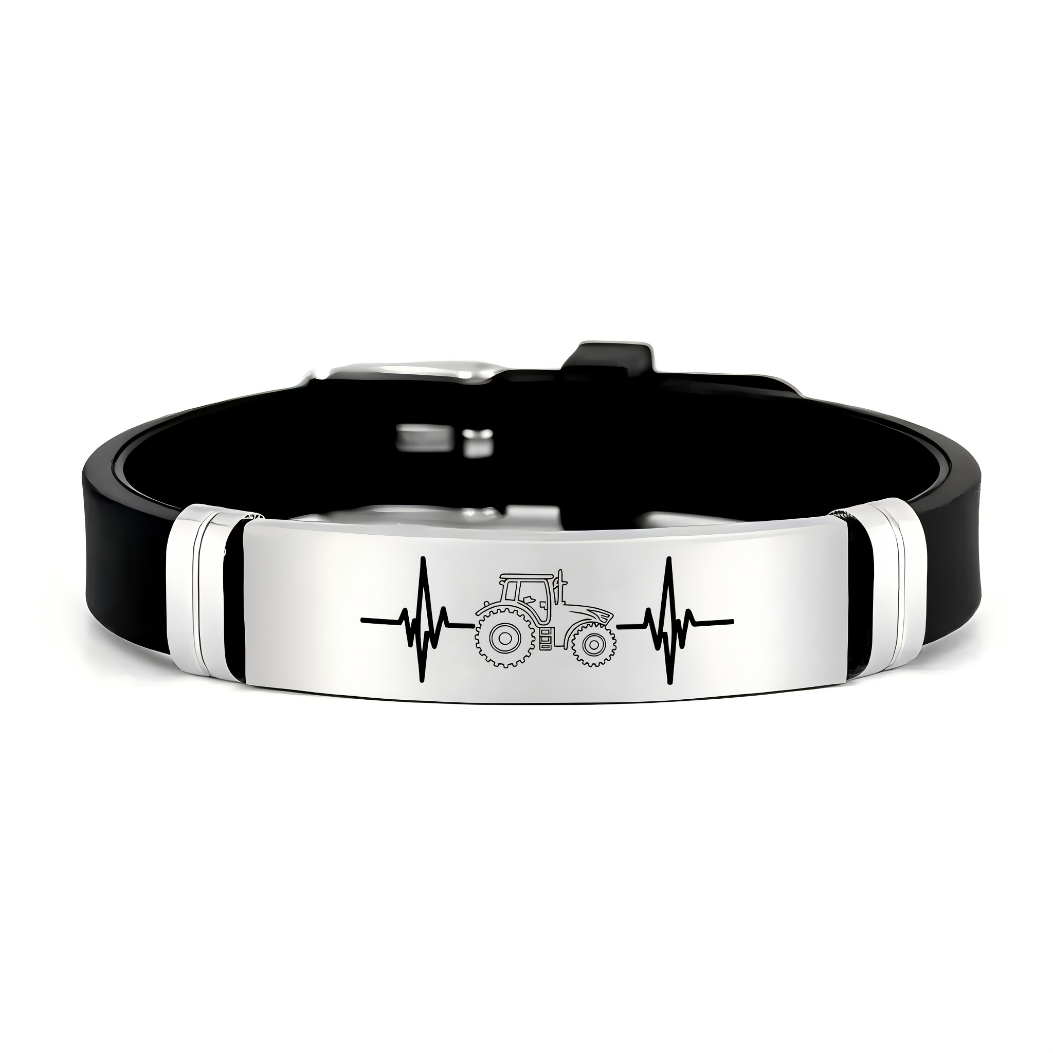 Image of Men's Tractor And Ekg Heartbeat Accessory, 202 Stainless Steel Silicone Bracelet, Agricultural Theme, Tractor Operator Gift , Perfect Gift For Lover