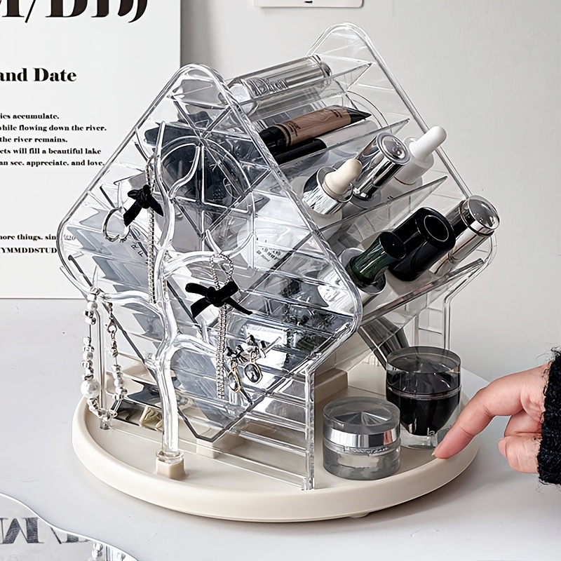   360 degree rotating makeup organizer with brush holder freestanding vanity cabinet heavy duty clear plastic construction space saving bathroom storage for makeup jewelry beauty products no assembly needed modern vanity organizer makeup vanity desk jewelry display   durable plastic Product details 4