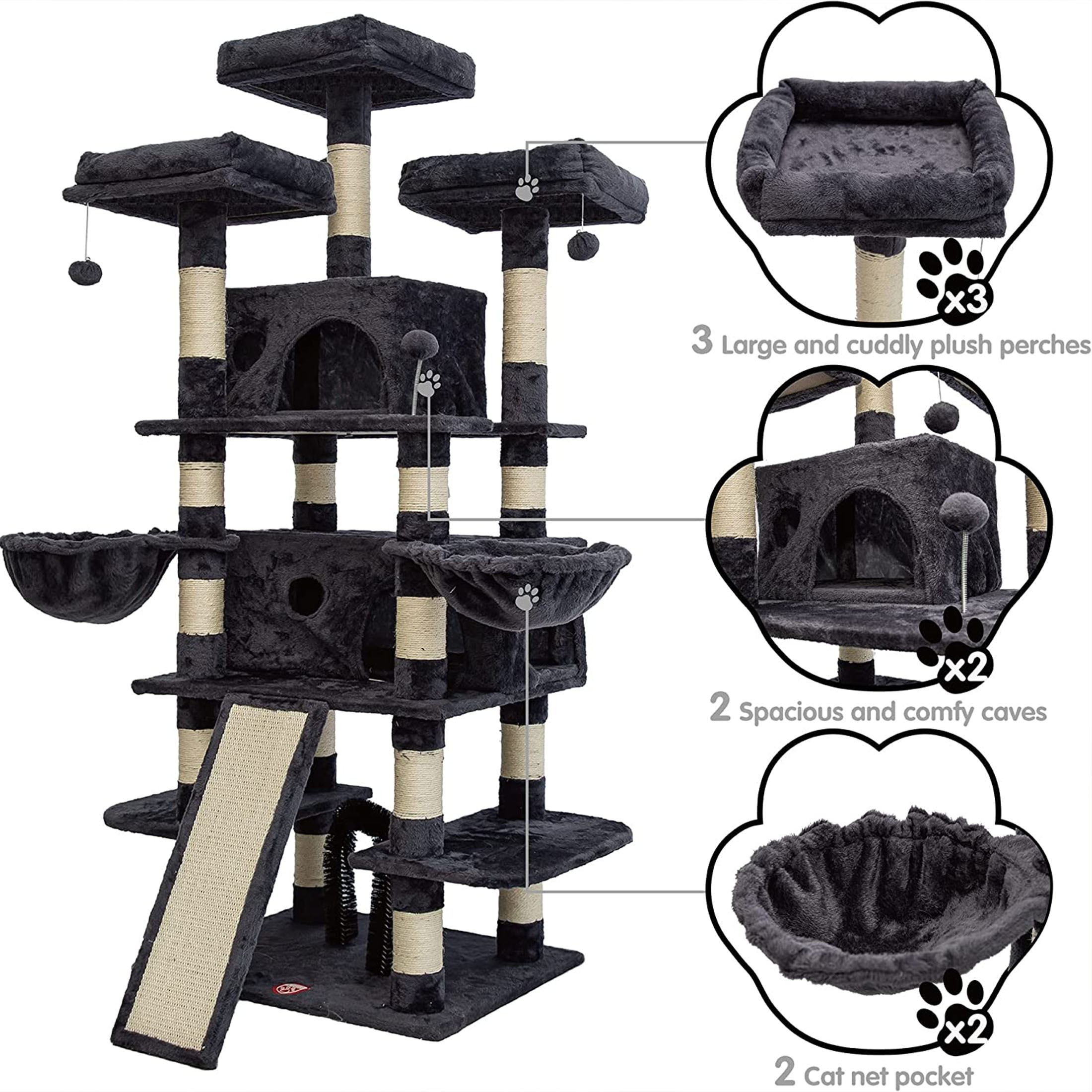68 inches   level cat tree tall multi cats tower with 2 big cat condo cat hair brush large cat tree with 3 plush perches scratching posts for kittens smokey grey details 8