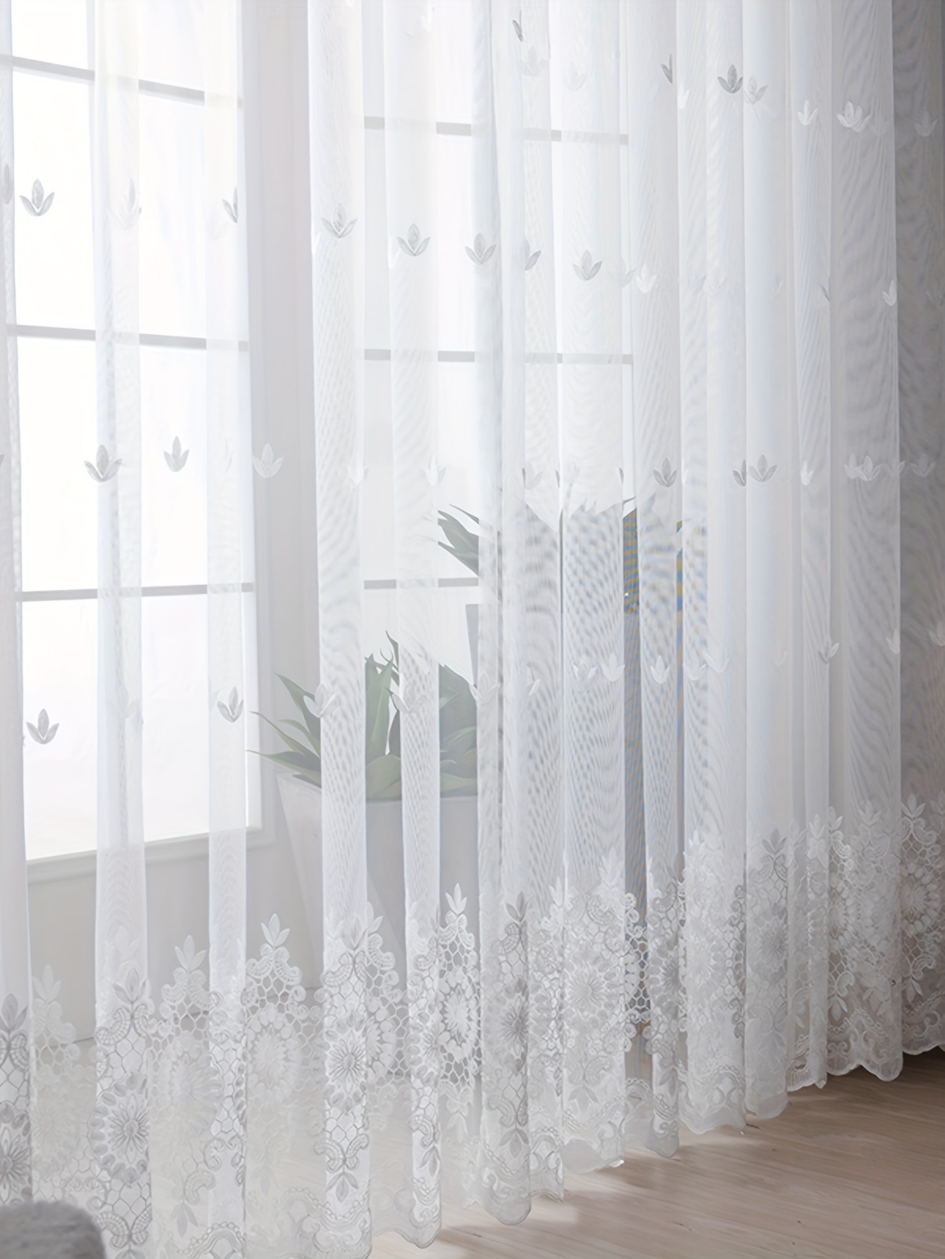 2pcs white flower embroidery yarn curtains french   embroidered yarn curtains for floating window   room bedroom window and door decor home decor details 3