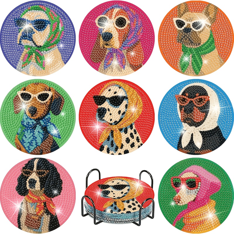TEMU Set de 8 sous-verres à peindre au diamant DIY Chien avec ronds et bois, convient pour, protège-tables, cadeaux pour et, de loisir créatif sur le