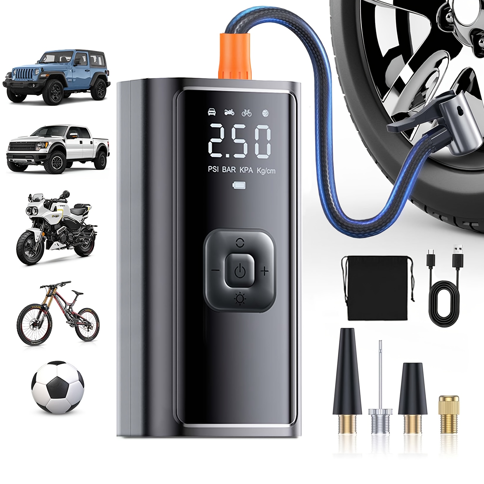 TEMU Tire Inflator Portable Air Compressor, 150psi Portable Air Pump For Car Tires With 25000mah Battery, 2x Faster Inflation Electric Air Pump With