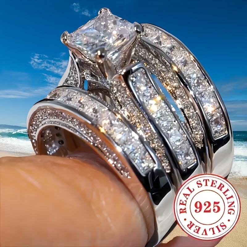 TEMU Ensemble de 3 bagues de fiançailles en argent sterling S925, bijoux élégants pour demande en mariage, luxueux, d'anniversaire du mois d', coupe