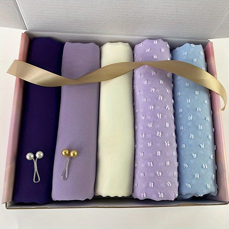 

1box Chiffon Muslim Hijab Combination Boxed With Gifts Packing, 5pcs Solid Color Basic Scarves + 2pcs Hijab Pins