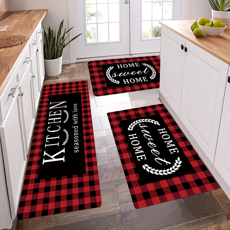 

2/3pcs Kitchen Rug Set, With Gingham , "kitchen" In White Letters, High Pile Polyester, Machine Washable, Stain & Water-resistant, Non-slip, For Kitchen, Entryway, Bedroom, Laundry Room