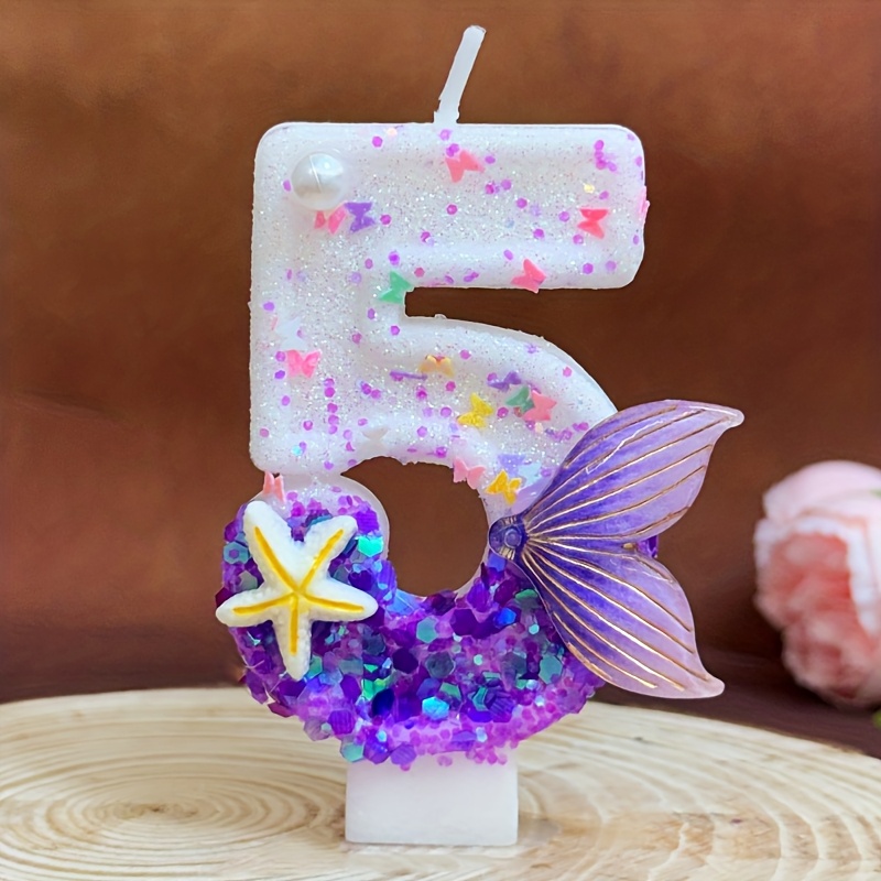 Image of Glittery Number Candles From 0 To 9 With A Stylish Purple Mermaid Tail Design, Perfect For Decorating Cakes For Birthdays And Anniversaries, Halloween, Christmas