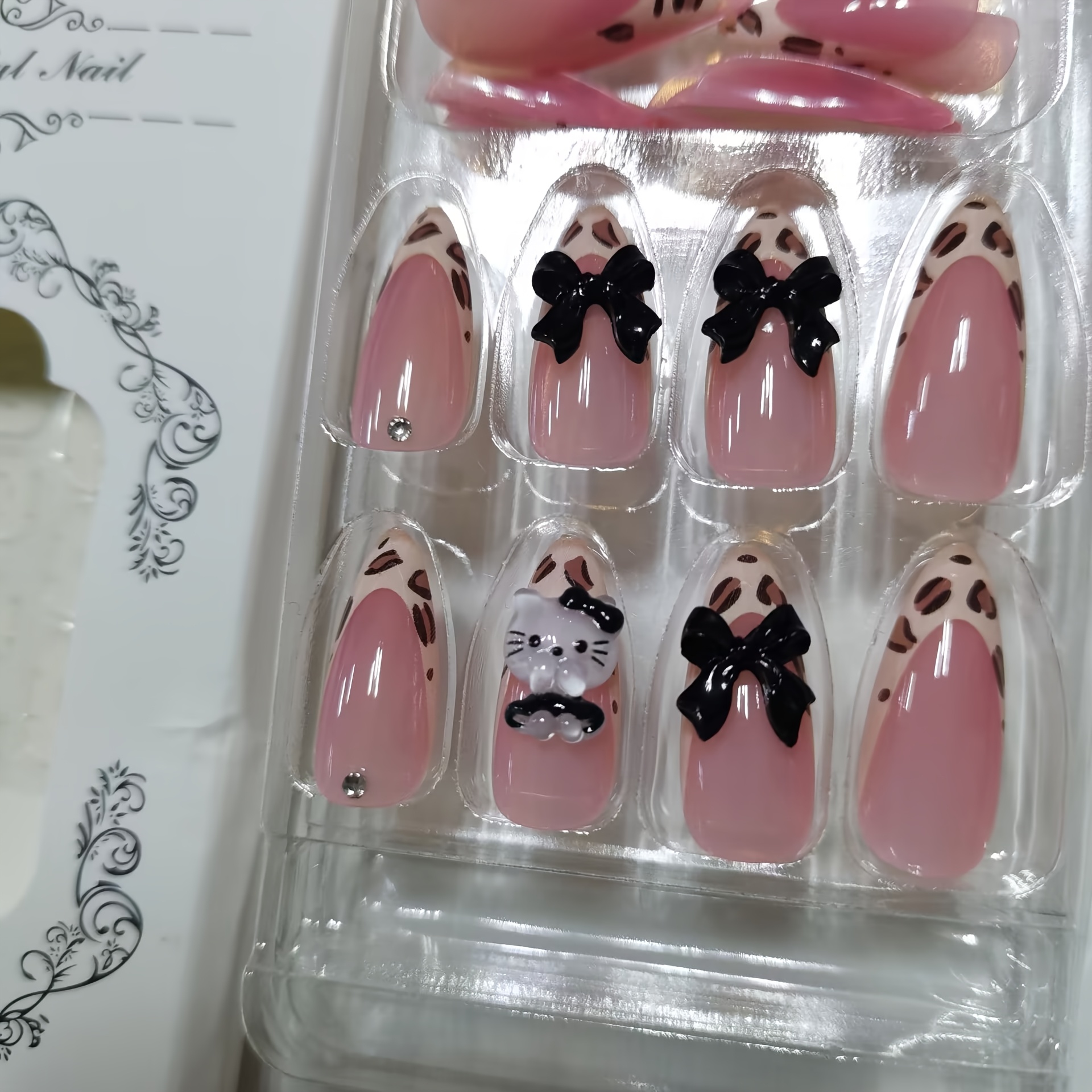 24pcs 3d Hello Kitty Press On Nails Pink Leopard Bow Y2k Fake Nails Cartoon Sweet