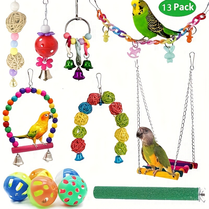 

13pcs Set Of Parrot Toys, Chewing Toys, With Swing, Habitat, Stand, Bell, Parrot And Other Bird Hammocks - Wooden Material, Decorated With Bells, Bird Cage Accessories