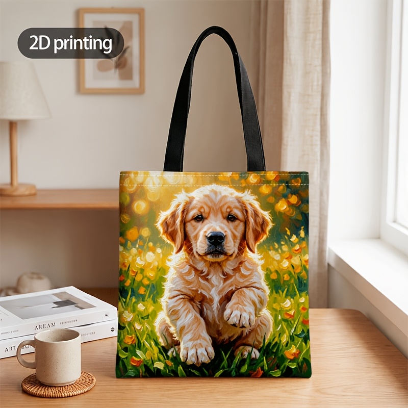 TEMU 2d Flat Crossbody And Handbag For Men And Women, Oil Painting Style Golden Retriever Puppy Print Unisex Tote Crossbody Bag Large Capacity For
