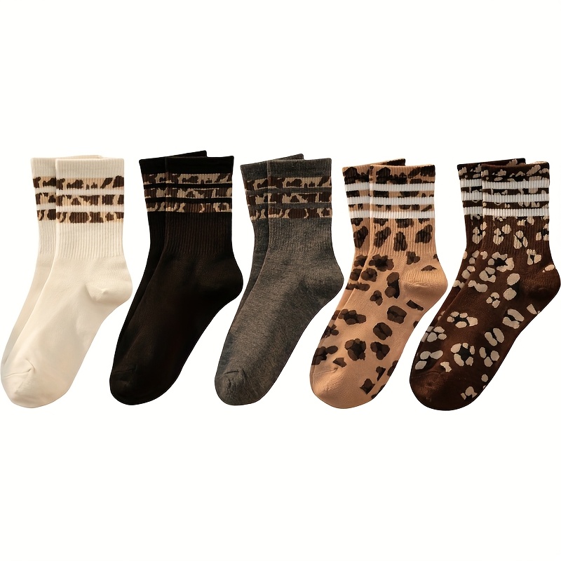 5-pack Striped Socks For Women, Vintage Leopard Print Mid-calf Socks, Trendy And Versatile Women's Socks, Soft, Comfortable, And Breathable
