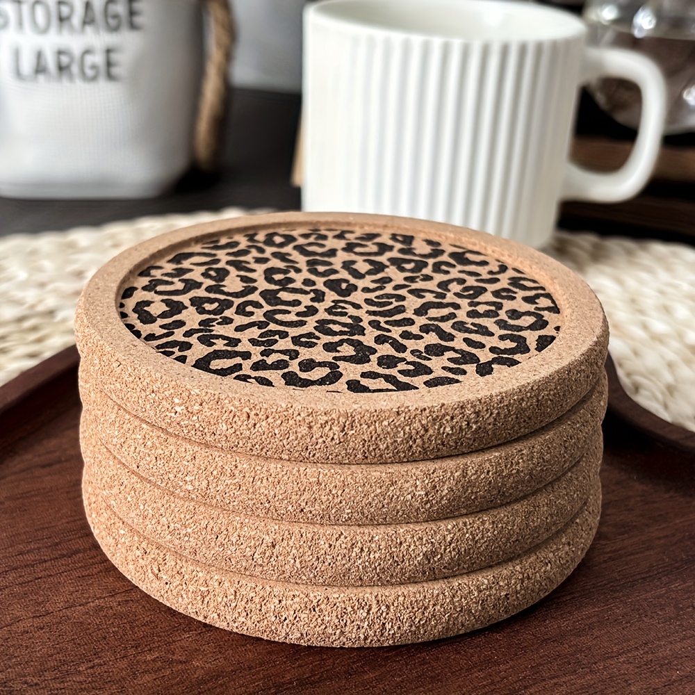 

4pcs Handcrafted Cork Coasters, Leopard Print Engraved, Thickened Grooved , Rustic Tabletop Decor For Mugs & Glasses, Ideal For Valentine's, Day, Father's Day, Graduation, Ramadan Gifts