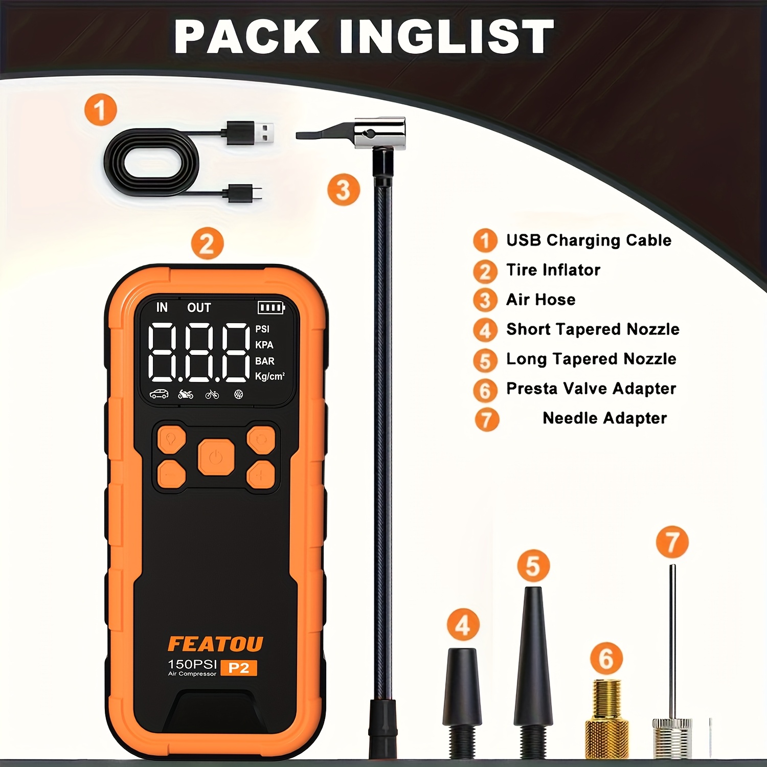 TEMU FEATOU 150PSI Pompe à air portable pour pneus - Pompe à air rapide fil avec affichage numérique, adaptateur de buse multifonction et batterie au