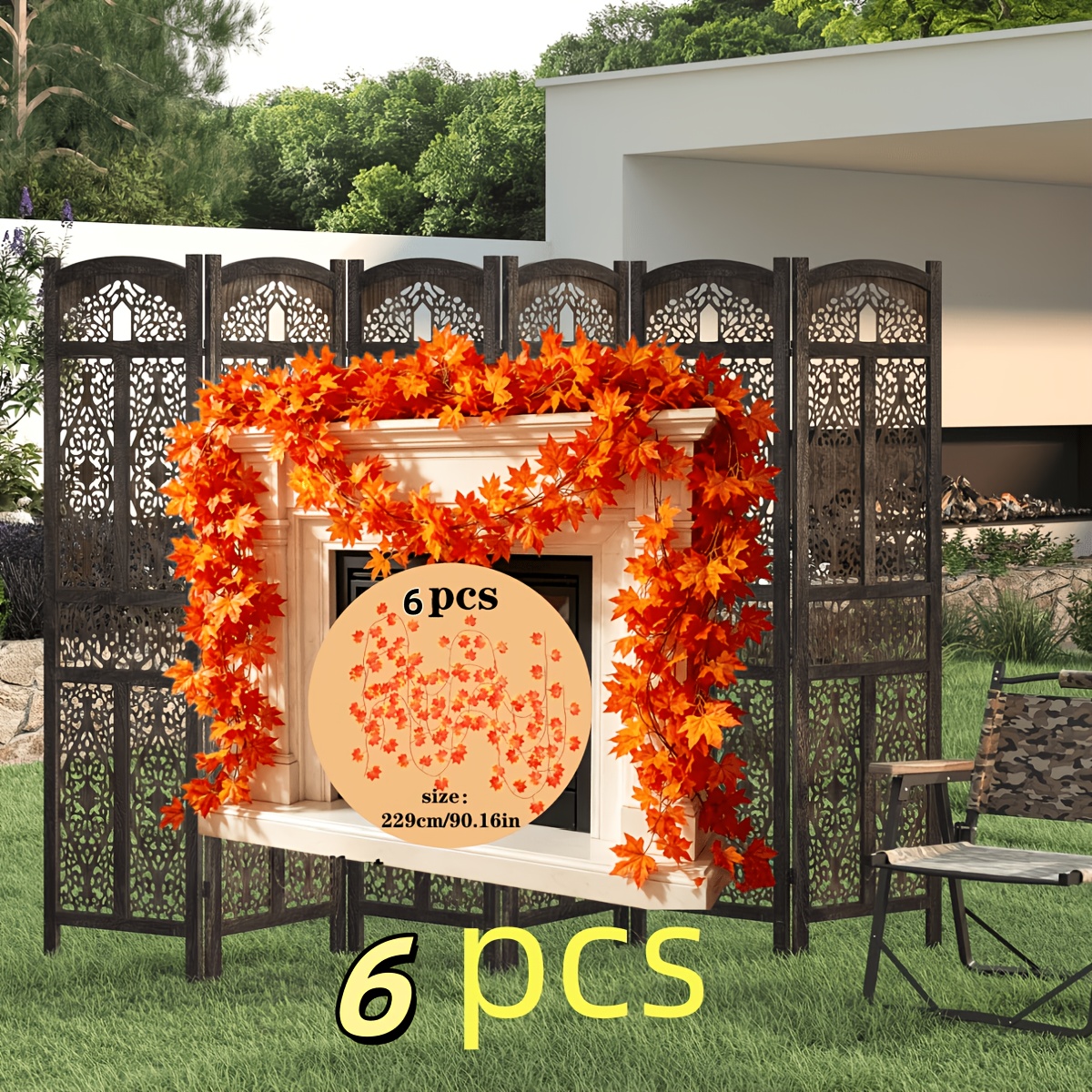 TEMU 6 pièces, Longueur totale 916 cm / 360,64 pouces, Feuille d'érable artificielle à dégradé rouge, orange et jaune, Lierre d'érable d'automne