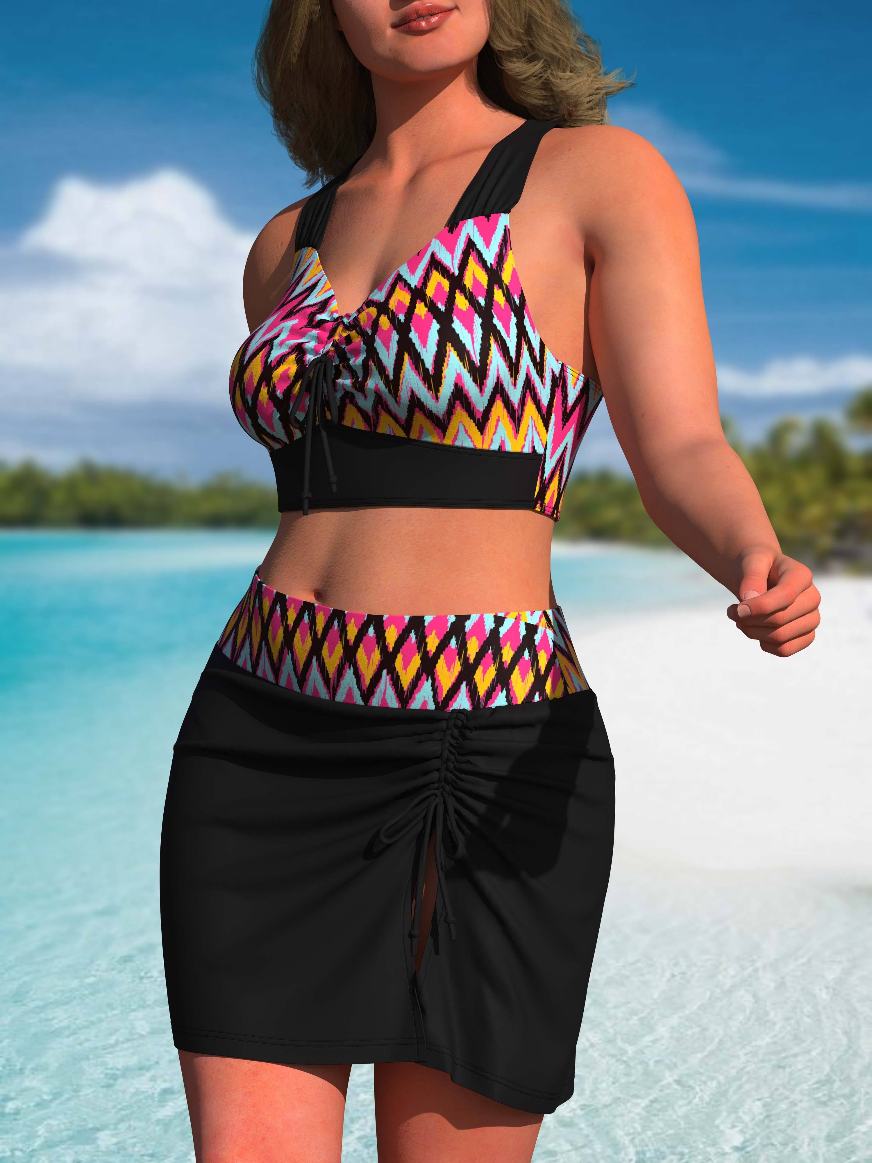 Plus Size Modest Bikini Set, Women's Plus Geo Print Tie Front Crisscross  Back Bra & Lace Up Split Skirt Swimsuit Two Piece Set