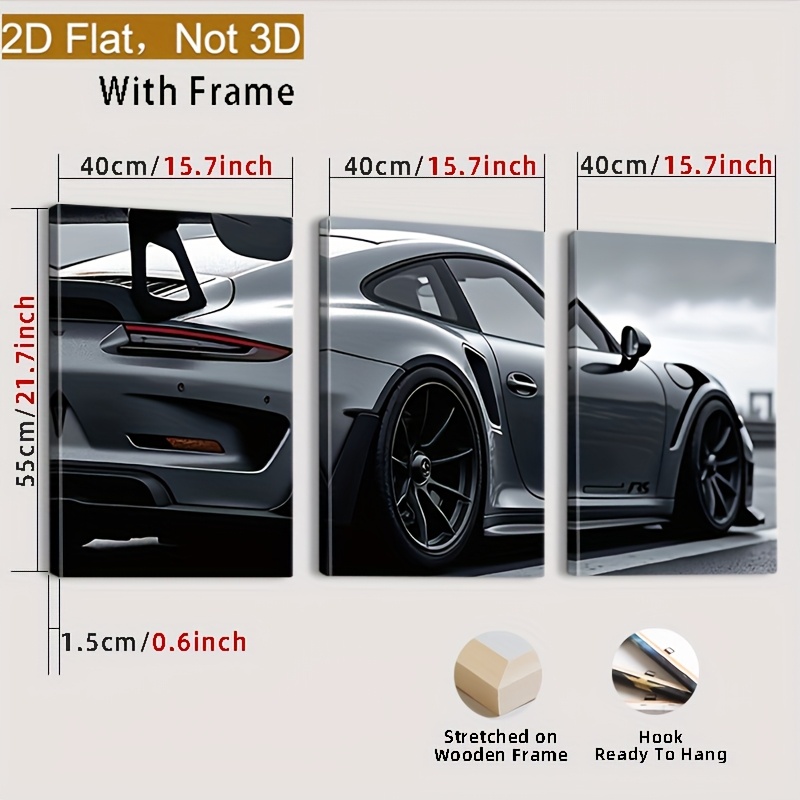 E-shop 2D Flach, 2Dflach Gerahmter Kunstdruck - Schwarz-Weißes Sportauto, Moderne Wanddekoration für Wohnzimmer, Büro oder Bar - Perfektes