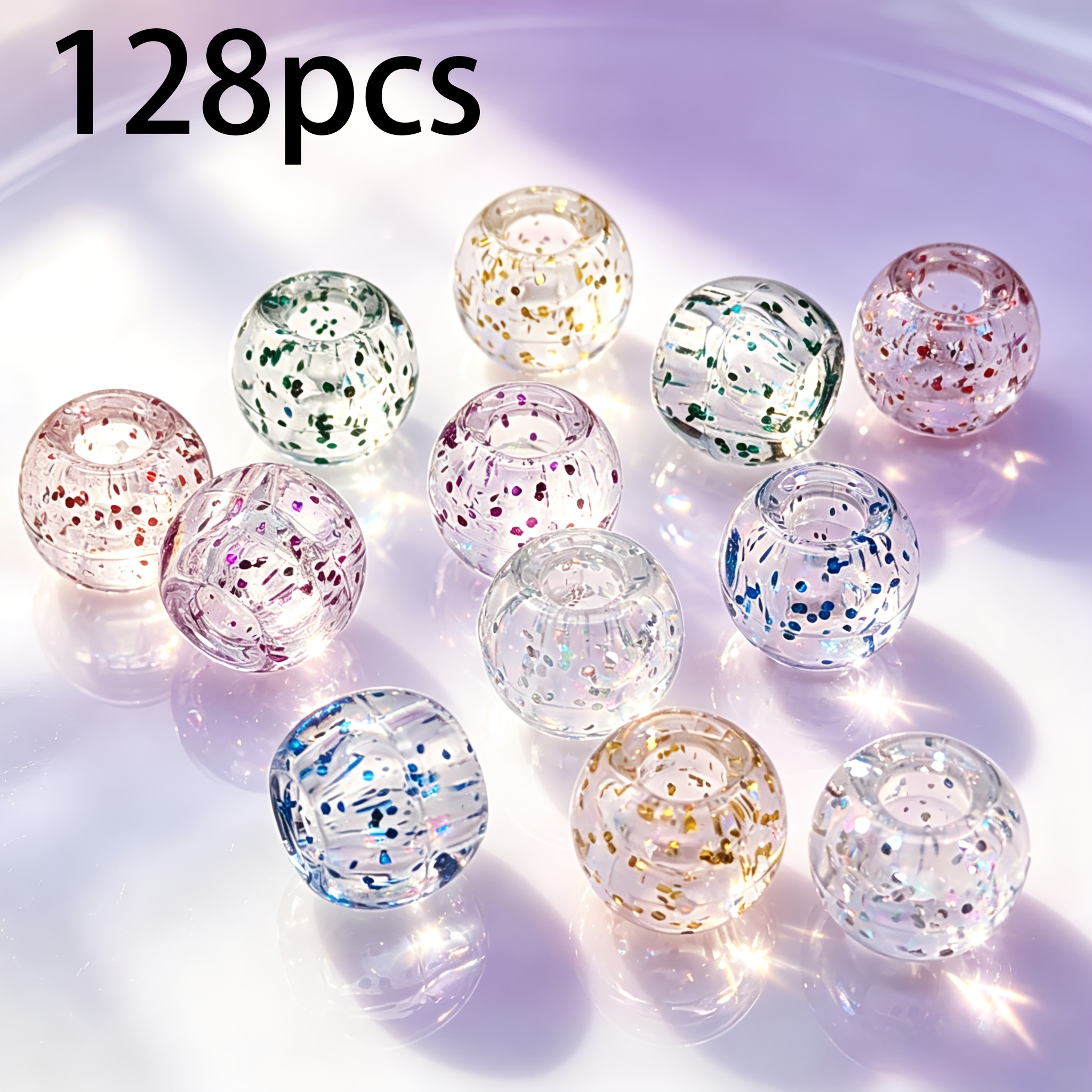 Image of 128pcs 12mm High Embedded Glitter Sequins Large Hole Acrylic Beads Multicolor Sequins Mixed Loose Beads Craft Bead Additions