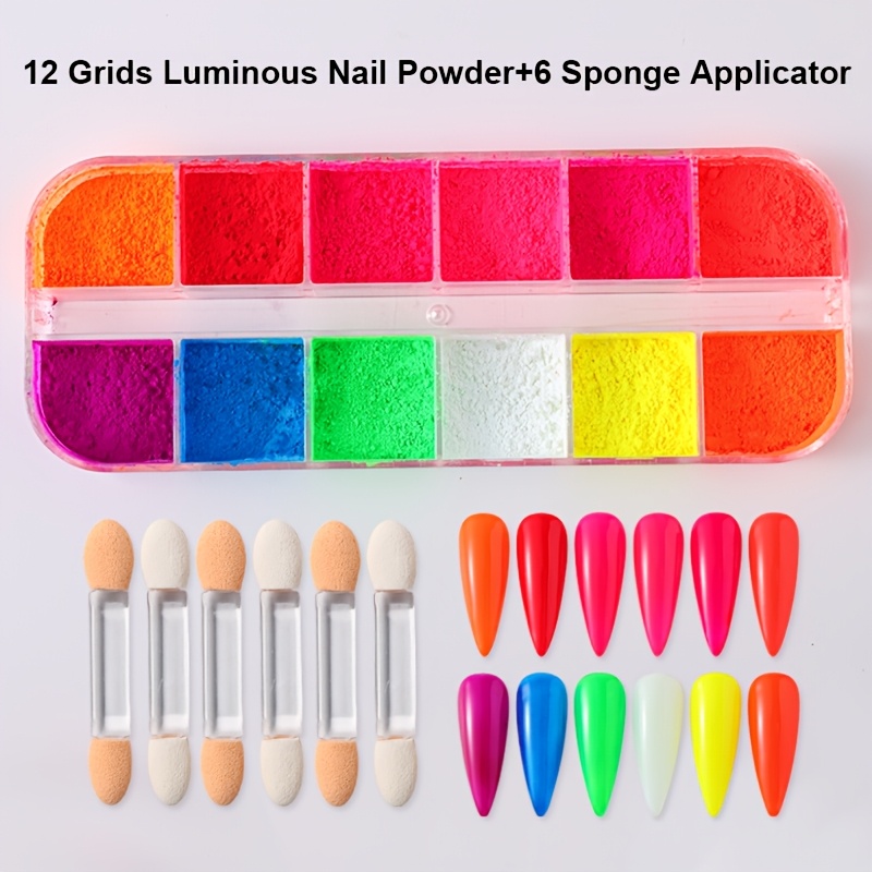 Image of 12 Grids Summer Neon Color Nail Powder Vibrant Colorful Gradient Rubbing Dust On Nails Green Pink Ombre Nail Art Glitter Decoration Manicure Supplies