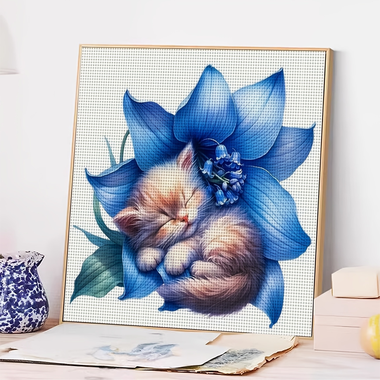 DIY Cross-Stitch Printed Kit Featuring Sleeping Cat Among Blue Flowers