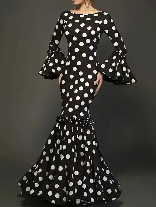 Women'S Fashion Black And White Polka Dot Dress with Fishtail Hem, Flared Sleeve Long Dress with * Detail Women'S Fashion Black And White Polka Dot Dress with Fishtail Hem, Flared Sleeve Long Dress with * Detail