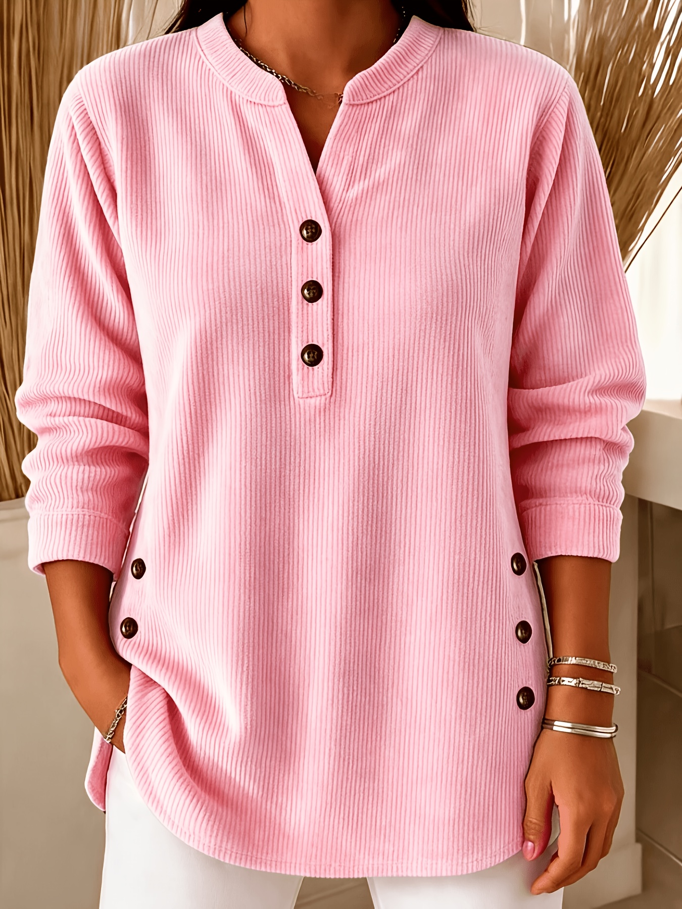 item picture plus size plus size womens spring autumn vertical rib textured base layer top featuring a loose semi open neckline with side button     length curved hem european   long sleeve   covers the hips and   the figure