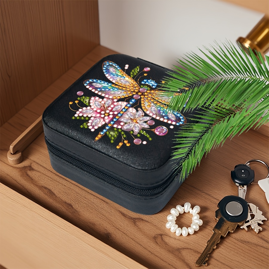 TEMU 1pc Dragonfly-themed Diamond Painting Jewelry Box Set, Diy Special-shaped Rhinestone Storage Craft Kit With Multiple Compartments For Rings,