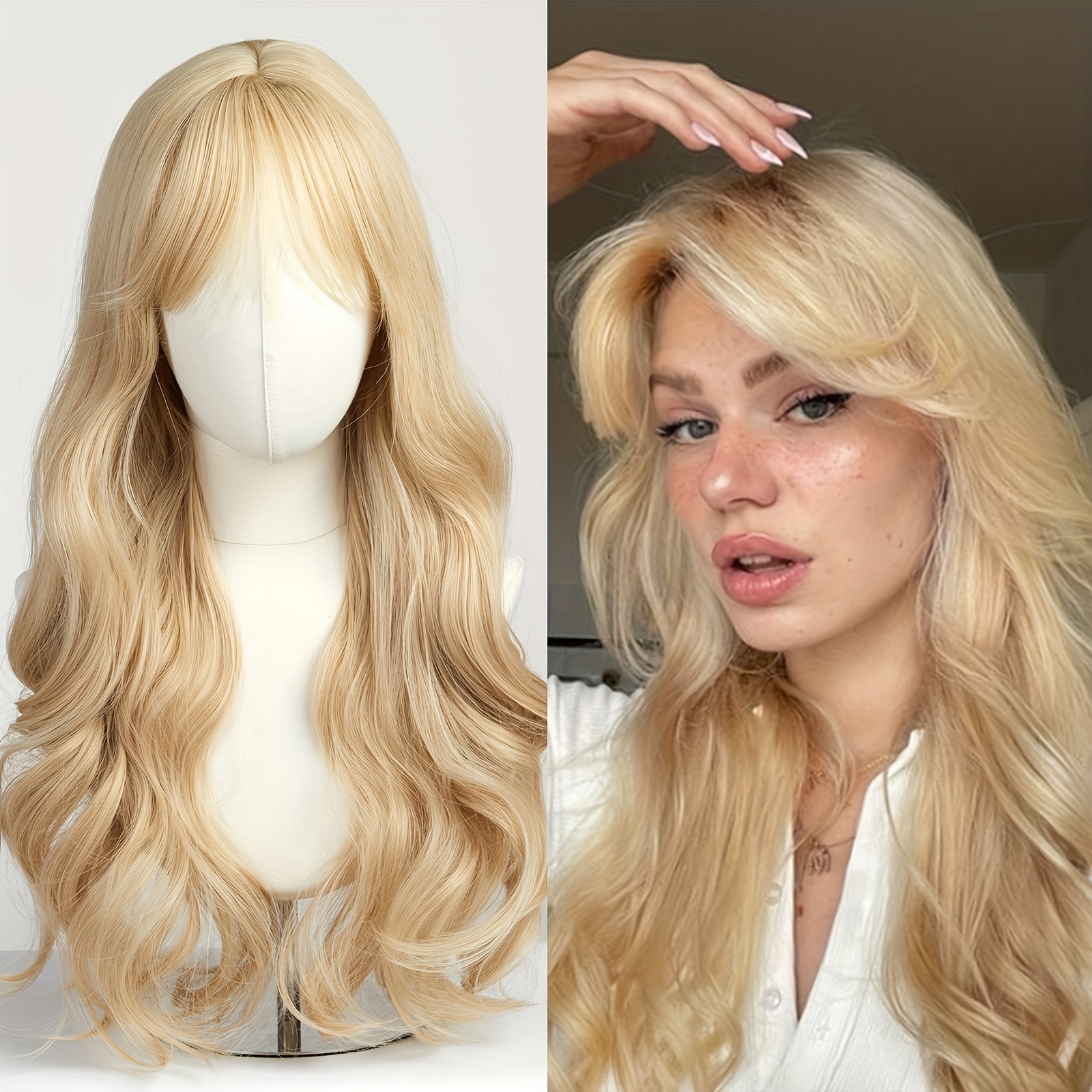 

Elegant Wavy Curly Blonde Wig For Women, Tang Long Fiber 150% Density, Rose Net Cap, Versatile Long Curly Wave Full Head Wig For All People