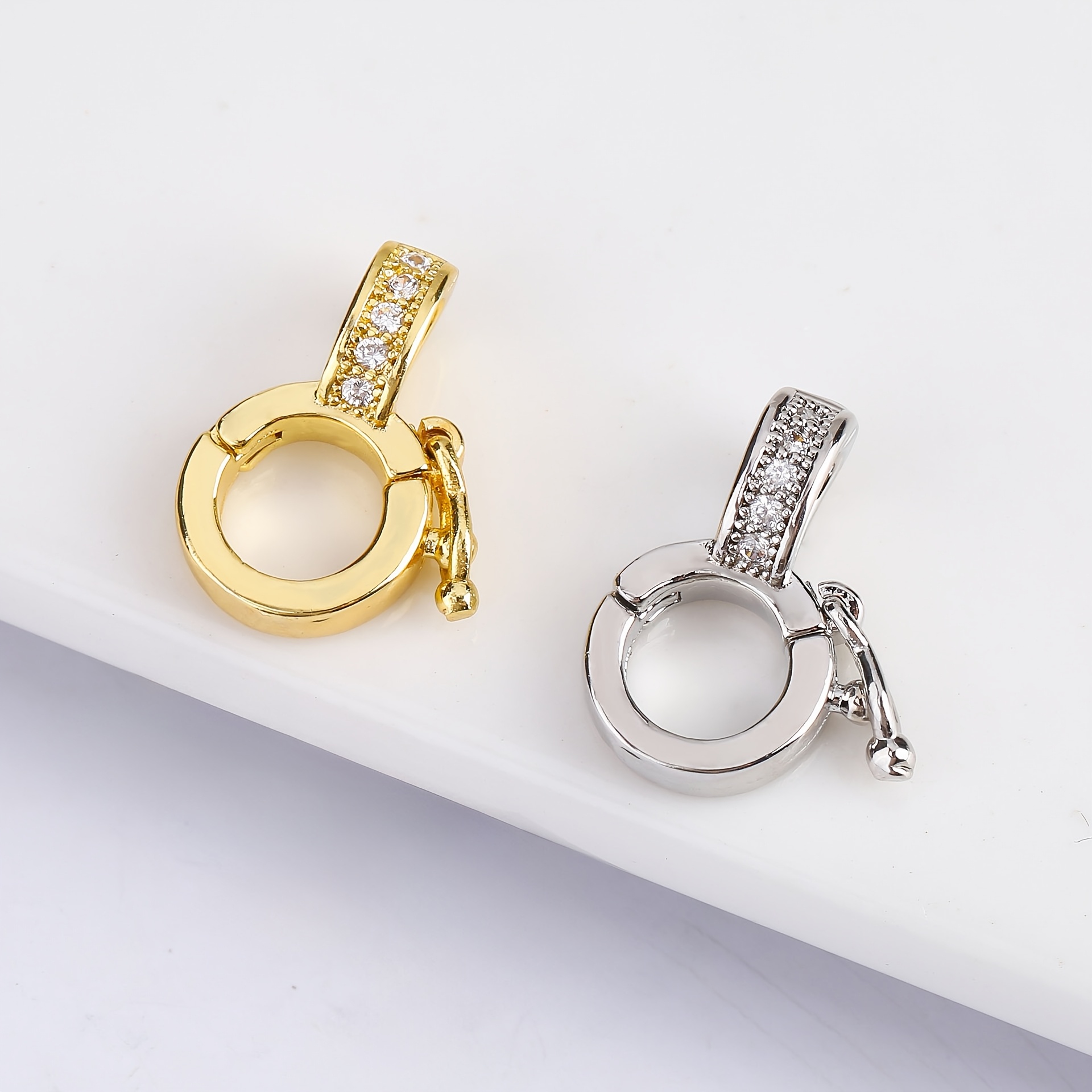 Image of 2 Golden-plated Copper Lobster Clasps, Golden And Silvery Round Inlaid Pendant Link Clasps, Suitable For , Bracelet Pendants, And Accessory Components