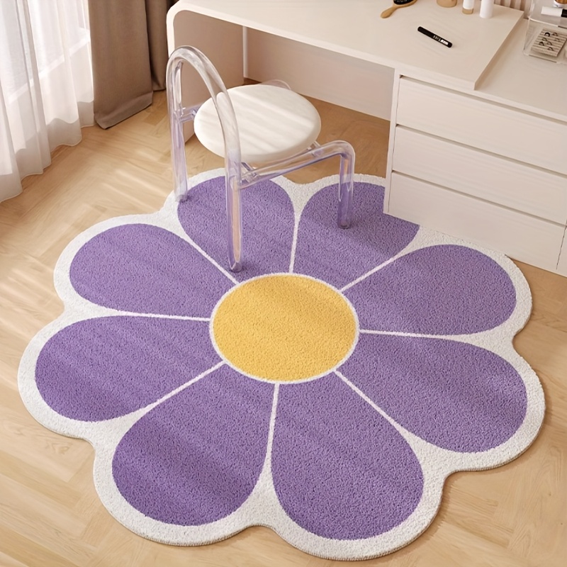 TEMU Floral Rug - Purple Violet Petal Pattern, Machine Washable, For Living Room, Bedroom, Vanity - Lavender And Yellow Flower , Accessory,