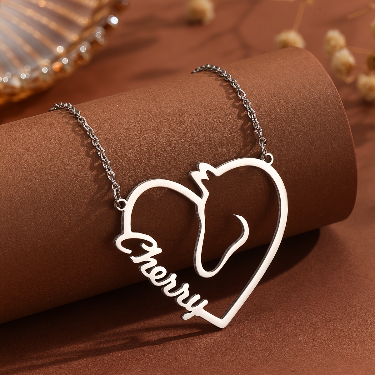 TEMU Custom Horse Heart Name Pendant Necklace, Personalized Equestrian Stainless Steel Jewelry, Cute Animal Theme, Women' Wear Accessory, Perfect For