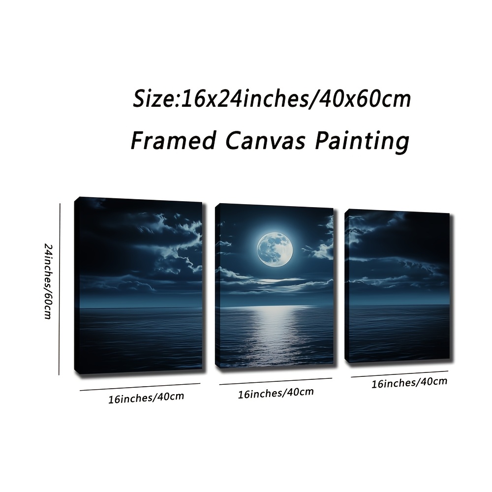TEMU Triple Panel Coastal Canvas Wall Art Set, Art Deco, Rustic & Contemporary Style, Landscape Theme, Painted Solid Pattern, With Frame, For Home