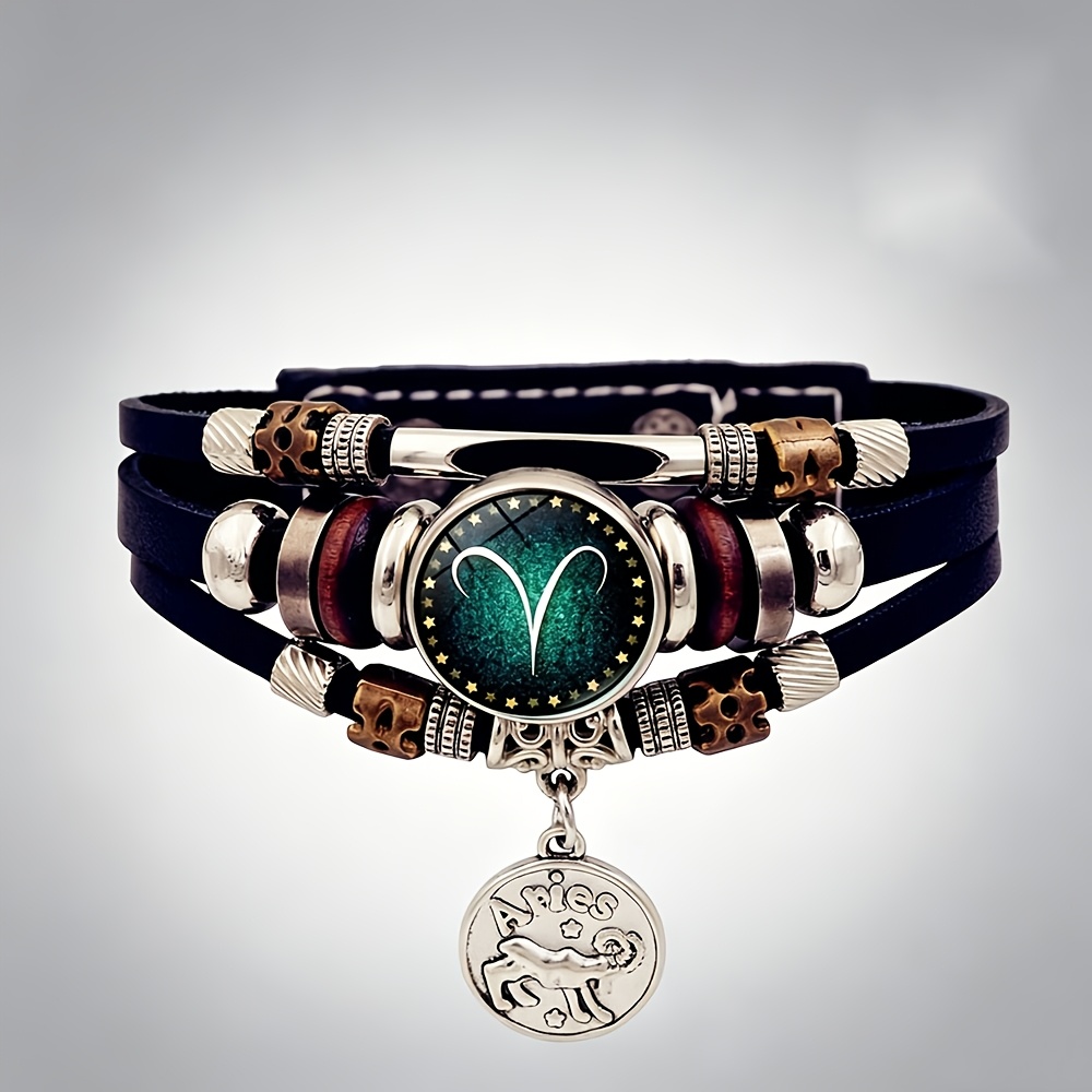 TEMU Pulsera de cuero sintético multilayer que en con 12 constelaciones del zodíaco, joyería de retro con cuentas multilayer, unisex, para , , regalo