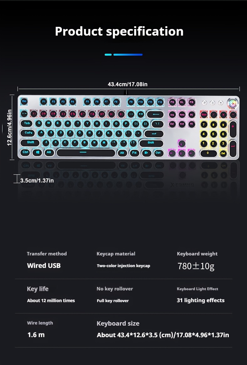 Retro Punk Mechanical Gaming Keyboard 104 Keys Full Temu