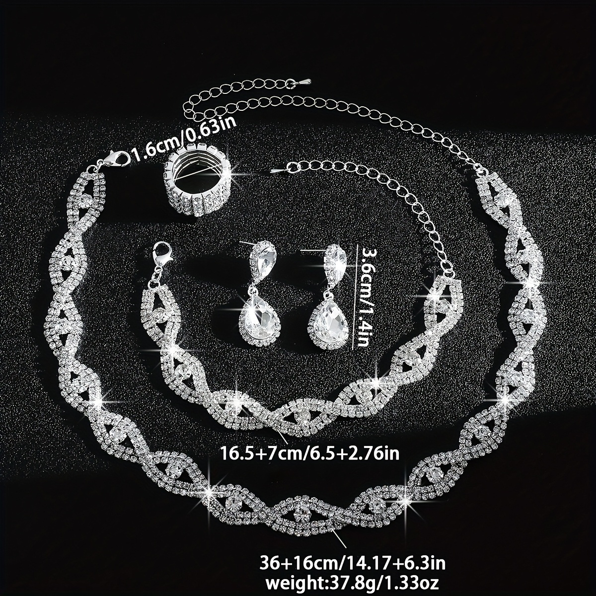 Bride's Luxurious Rhinestone Evil Eye Necklace Bracelet Earrings Ring Set