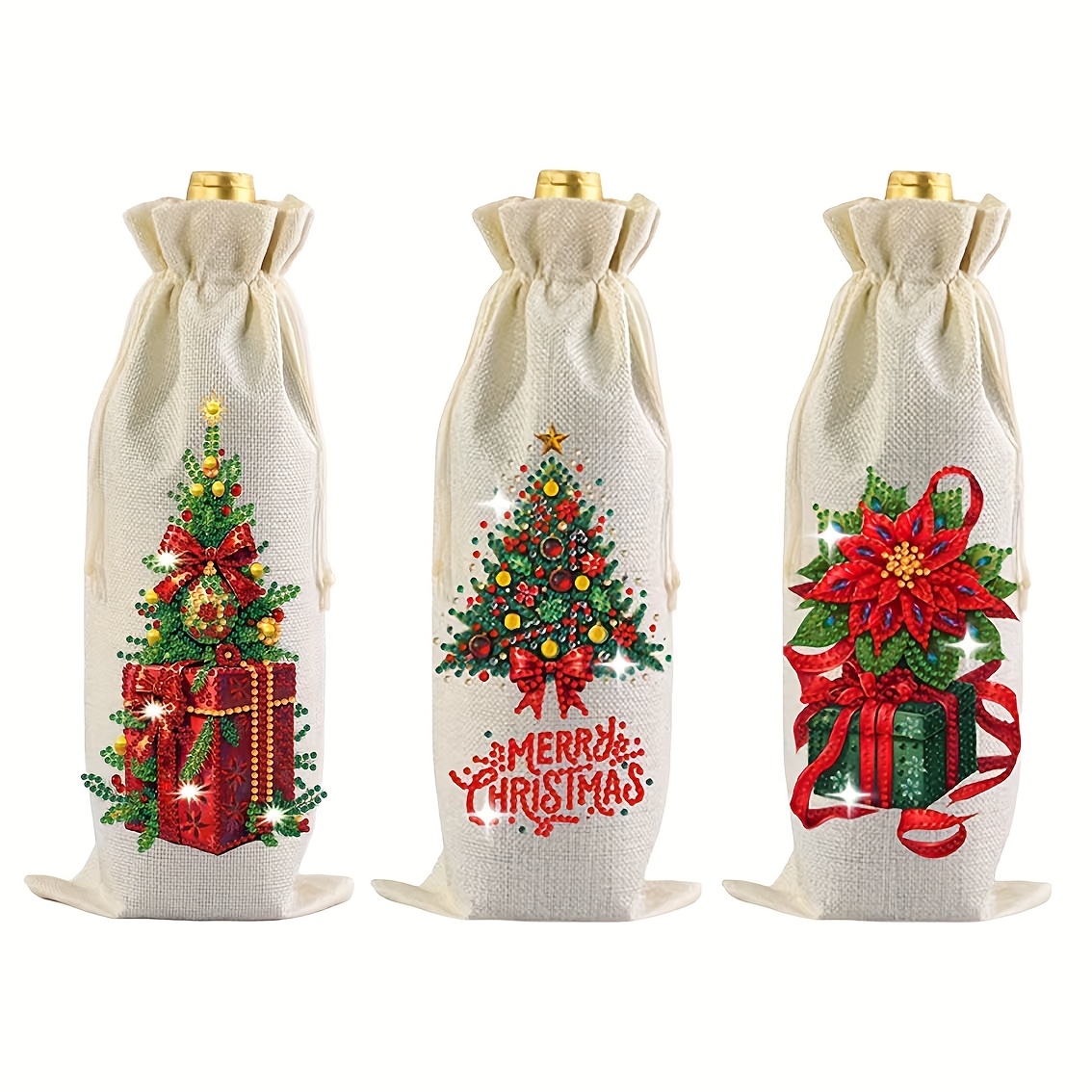 TEMU 3pcs Diamond Painting Kit 5d Diamond Painting Wine Bag, Irregular Crystal Drill Art Linen Red Wine Gift Bag, Decor Bag, Suitable For Christmas,