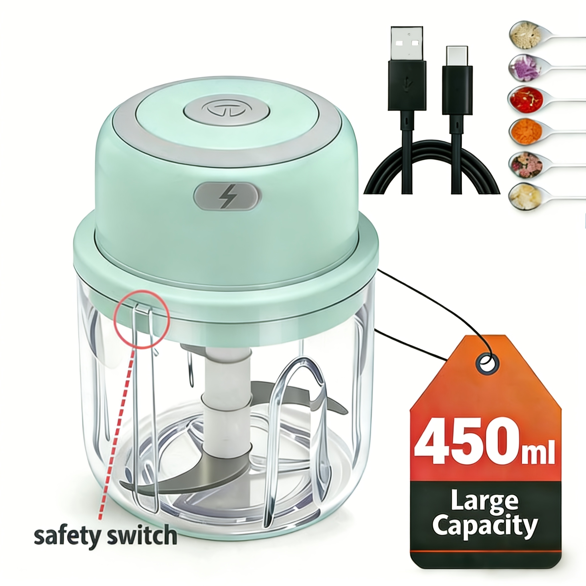 E-shop 450ML Kabelloser Elektrischer Knoblauchzerkleinerer | 1200RPM Mini-Leistungs-Obstmühle, Kabellos Wiederaufladbar, USB-Aufladung, Tragbares
