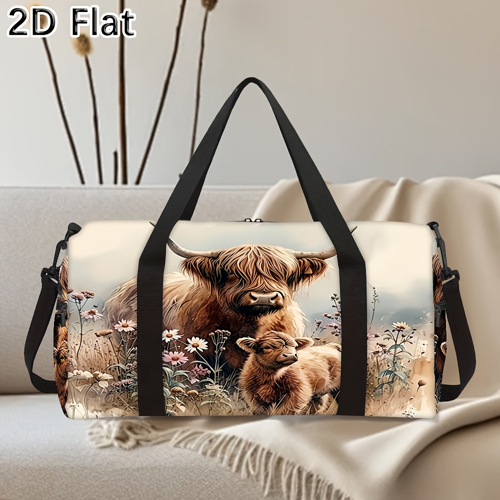 TEMU 1pc 2d Printed Highland Cow Duffel Bag, Multifunctional Weekender Overnight Bag For Travel Gym Commute, Lightweight Large Capacity Luggage Tote